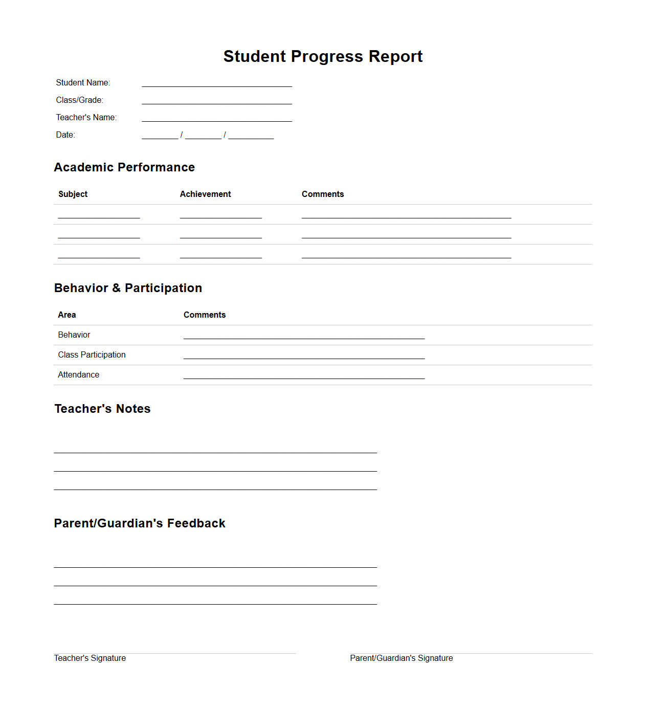 Student Progress Report Template for Parent-Teacher Meetings