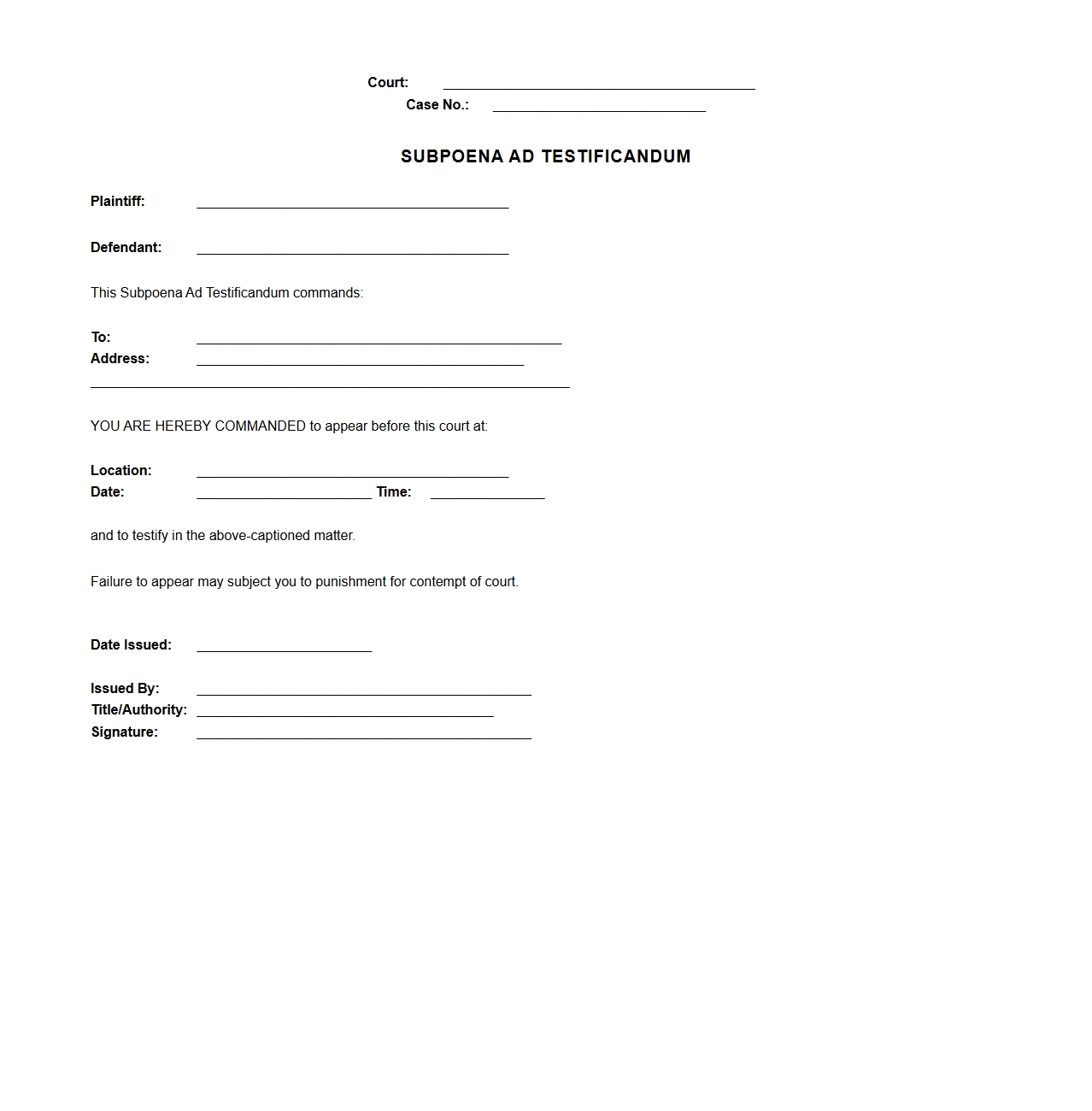 Subpoena Ad Testificandum Template
