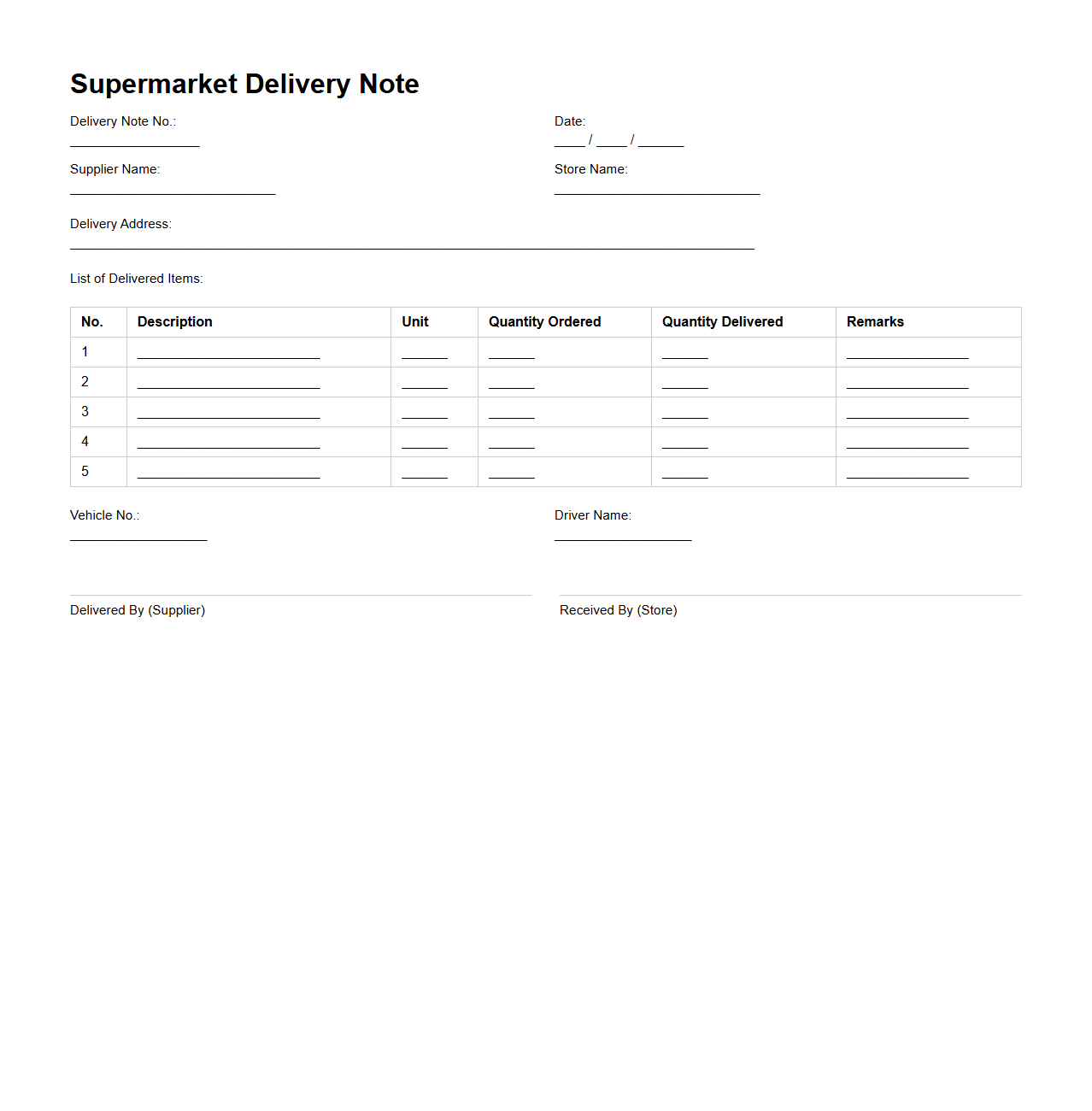 Supermarket Delivery Note Example