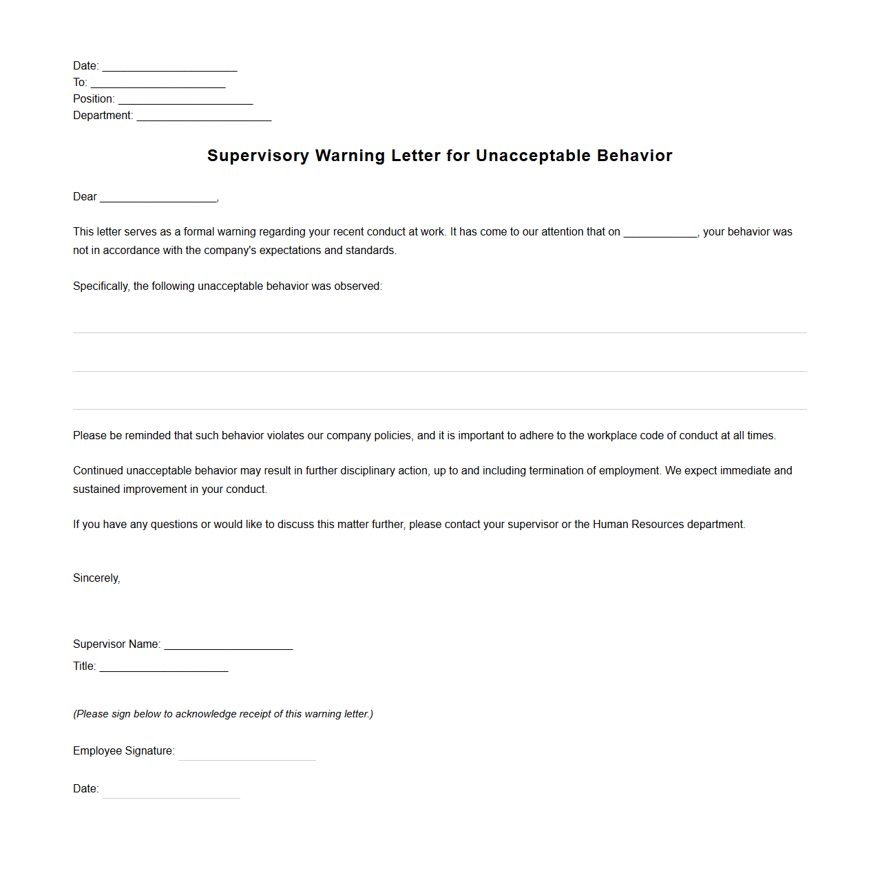 Supervisory Warning Letter for Unacceptable Behavior