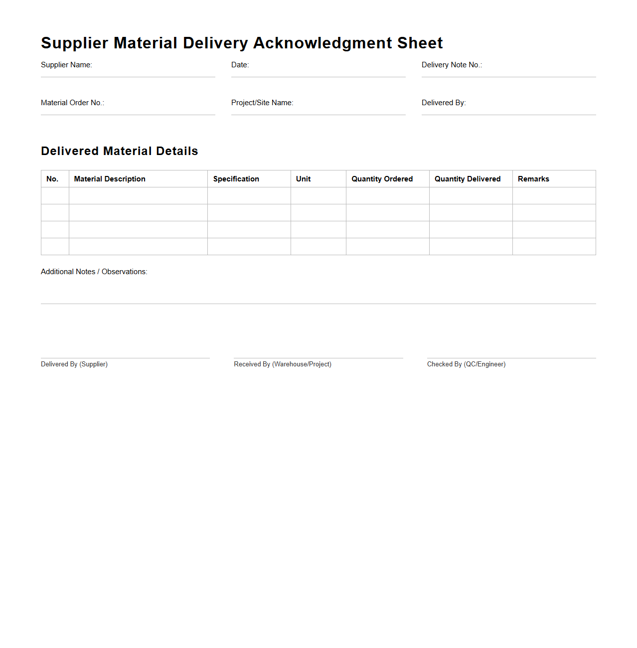 Supplier Material Delivery Acknowledgment Sheet