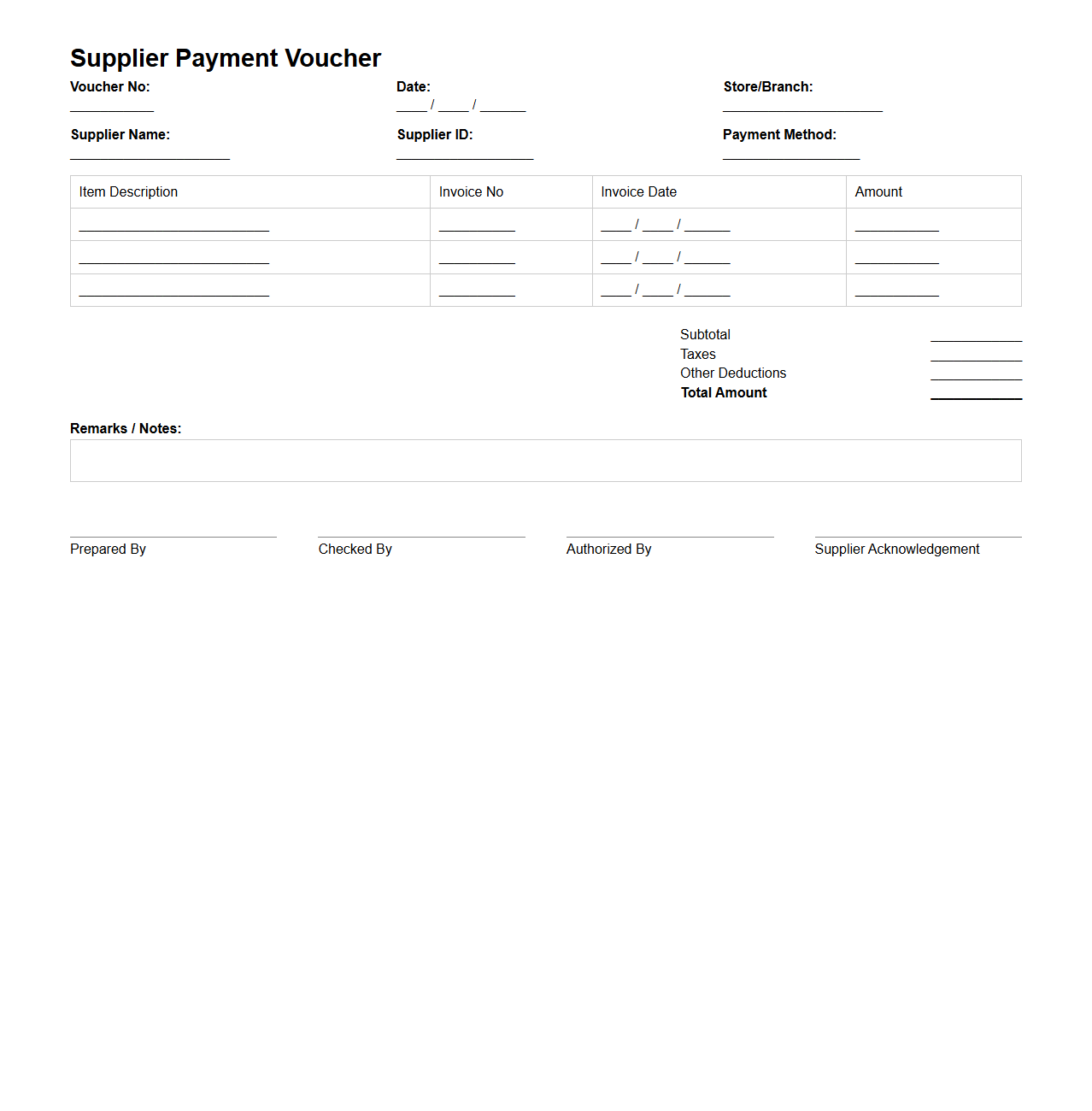 Supplier Payment Voucher Example for Retail Chains