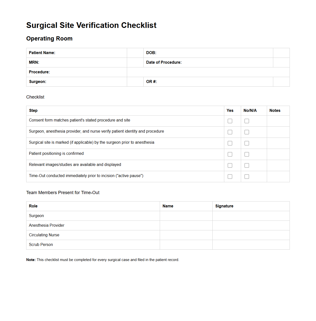 Surgical Site Verification Checklist Template for Operating Room