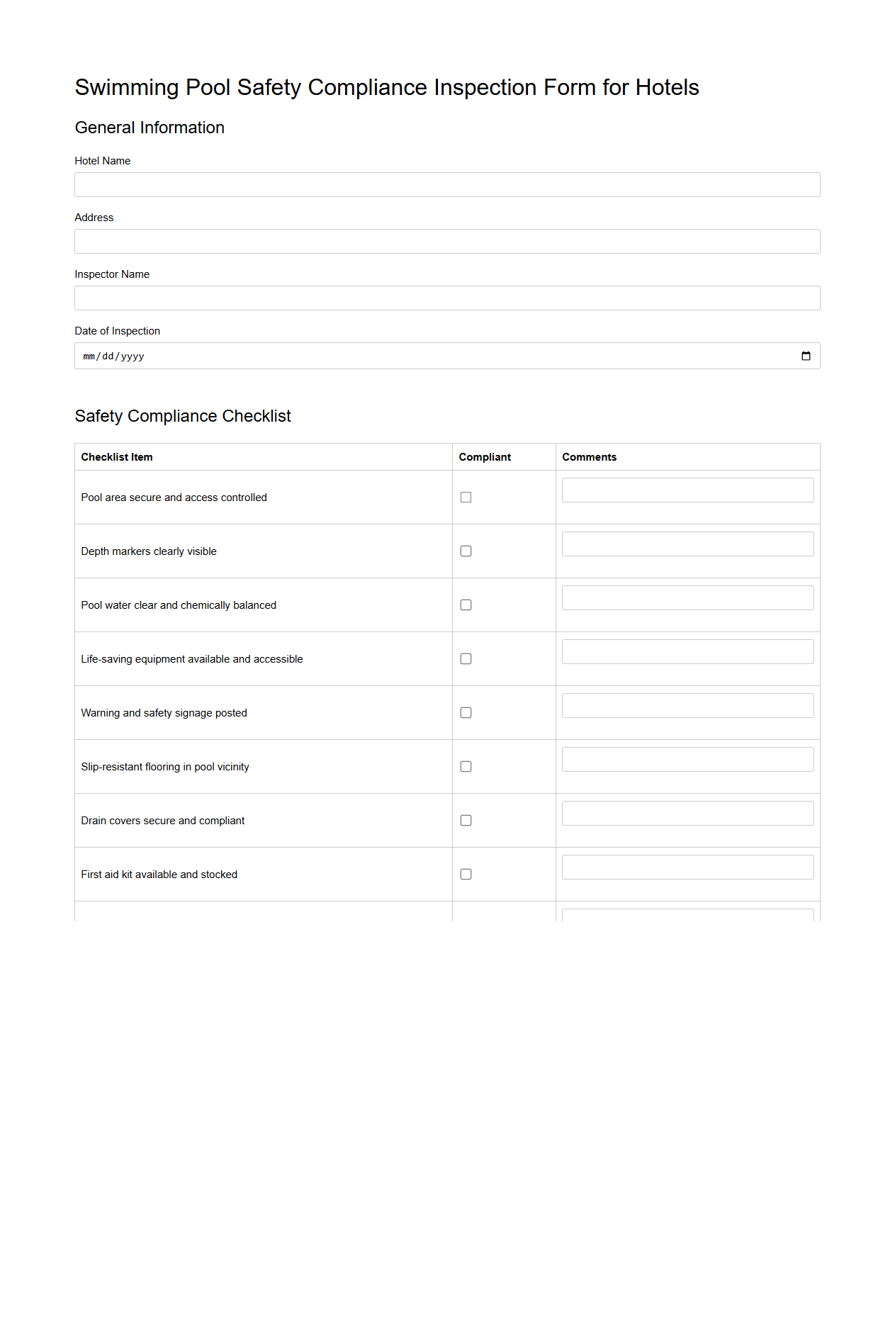 Swimming Pool Safety Compliance Inspection Form for Hotels