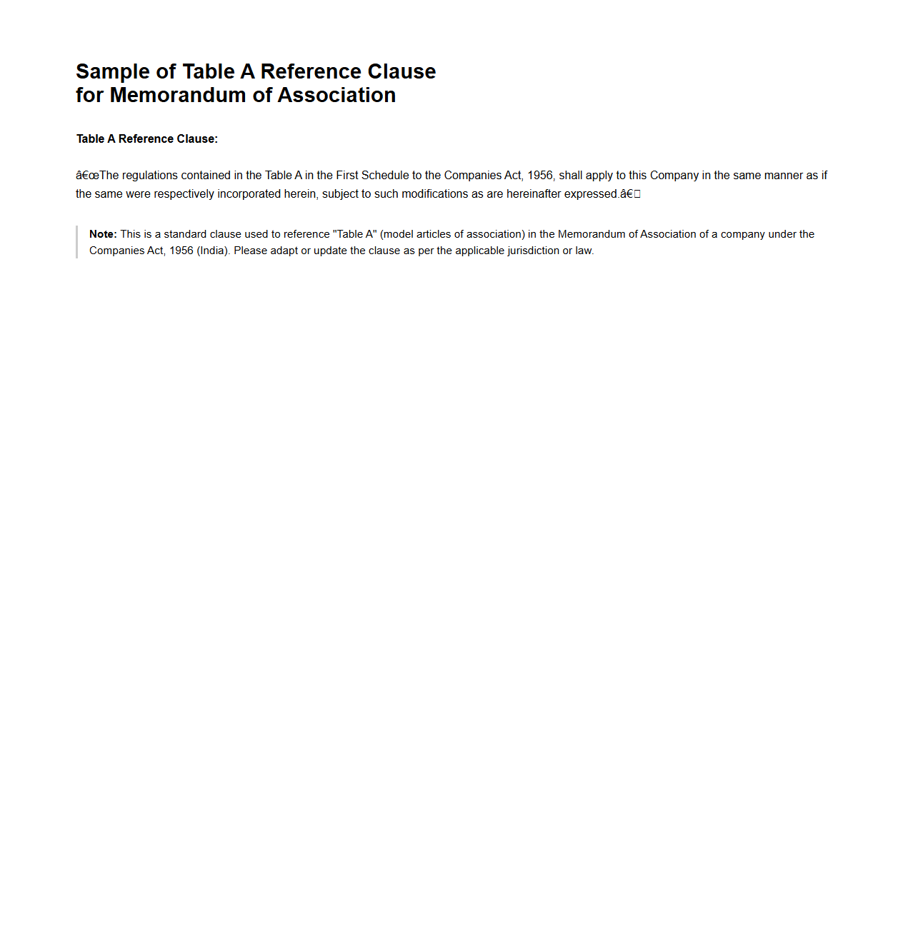 Table A Reference Clause in Memorandum Example