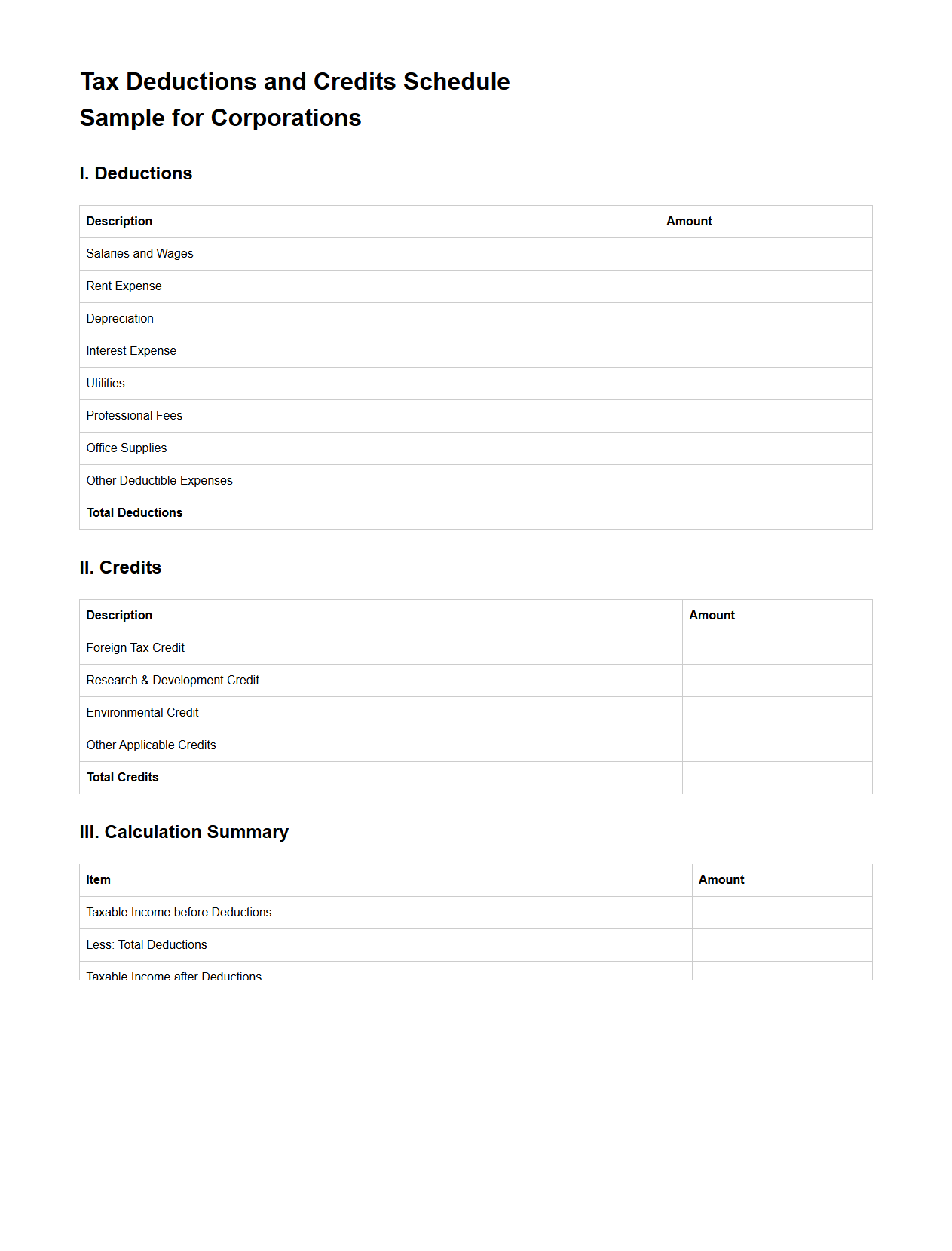 Tax Deductions and Credits Schedule Sample for Corporations