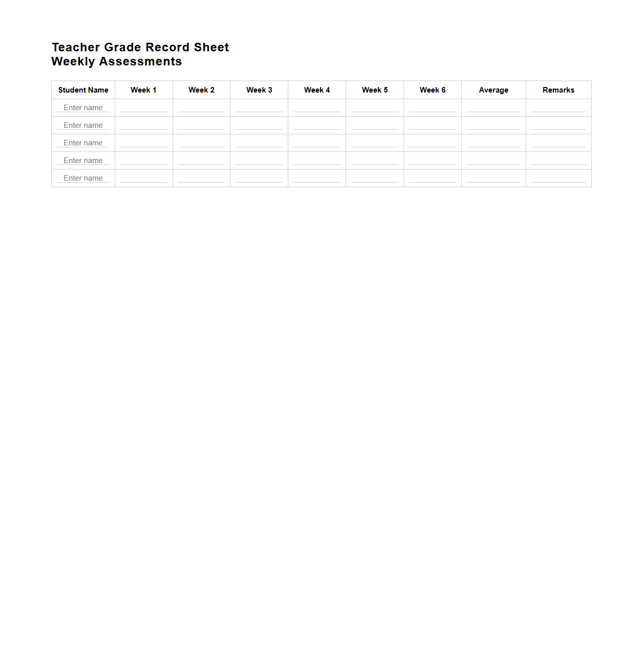 Teacher Grade Record Sheet for Weekly Assessments
