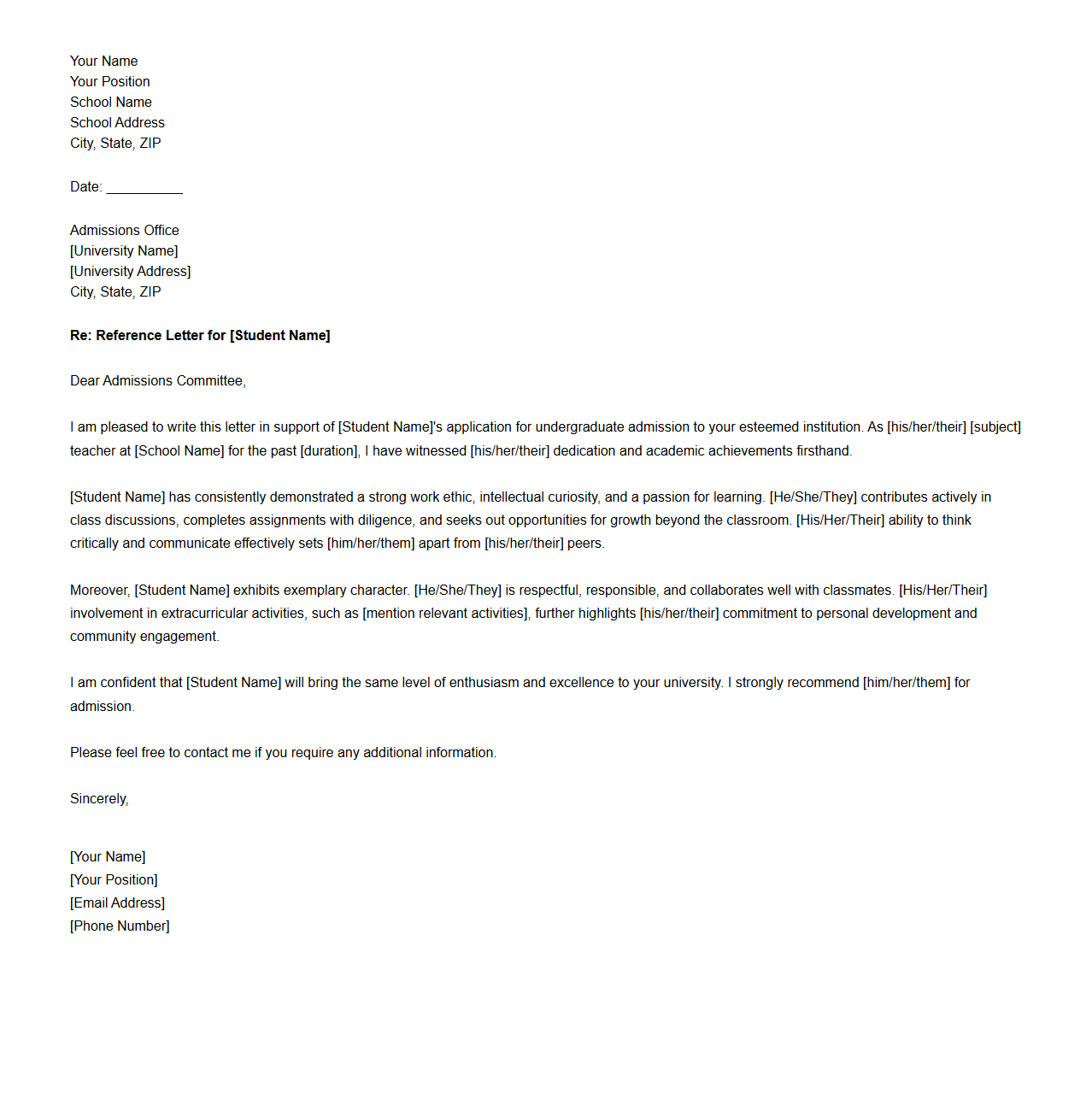 Teacher Reference Letter for Undergraduate Application