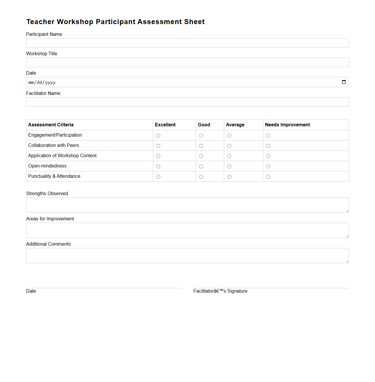 Teacher Workshop Participant Assessment Sheet