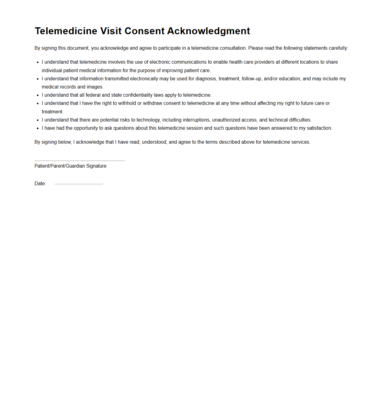 Telemedicine Visit Consent Acknowledgment