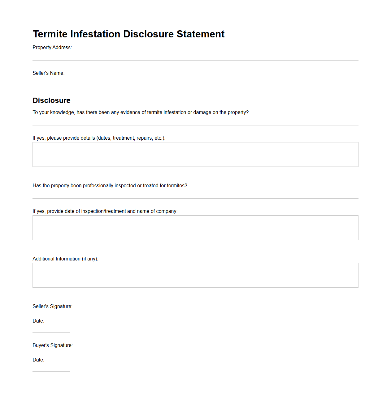Termite Infestation Disclosure Statement Template