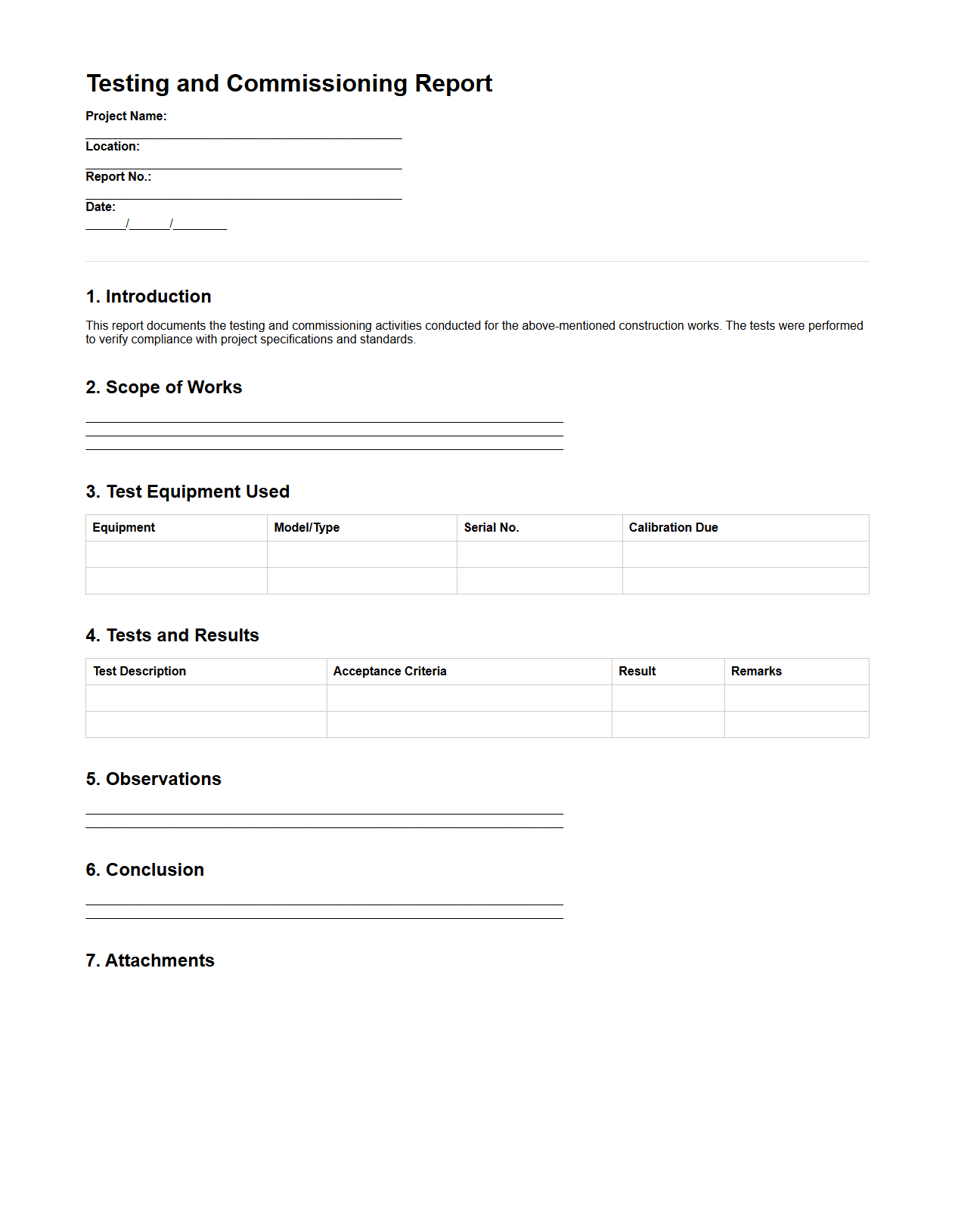Testing and Commissioning Report for Construction Works