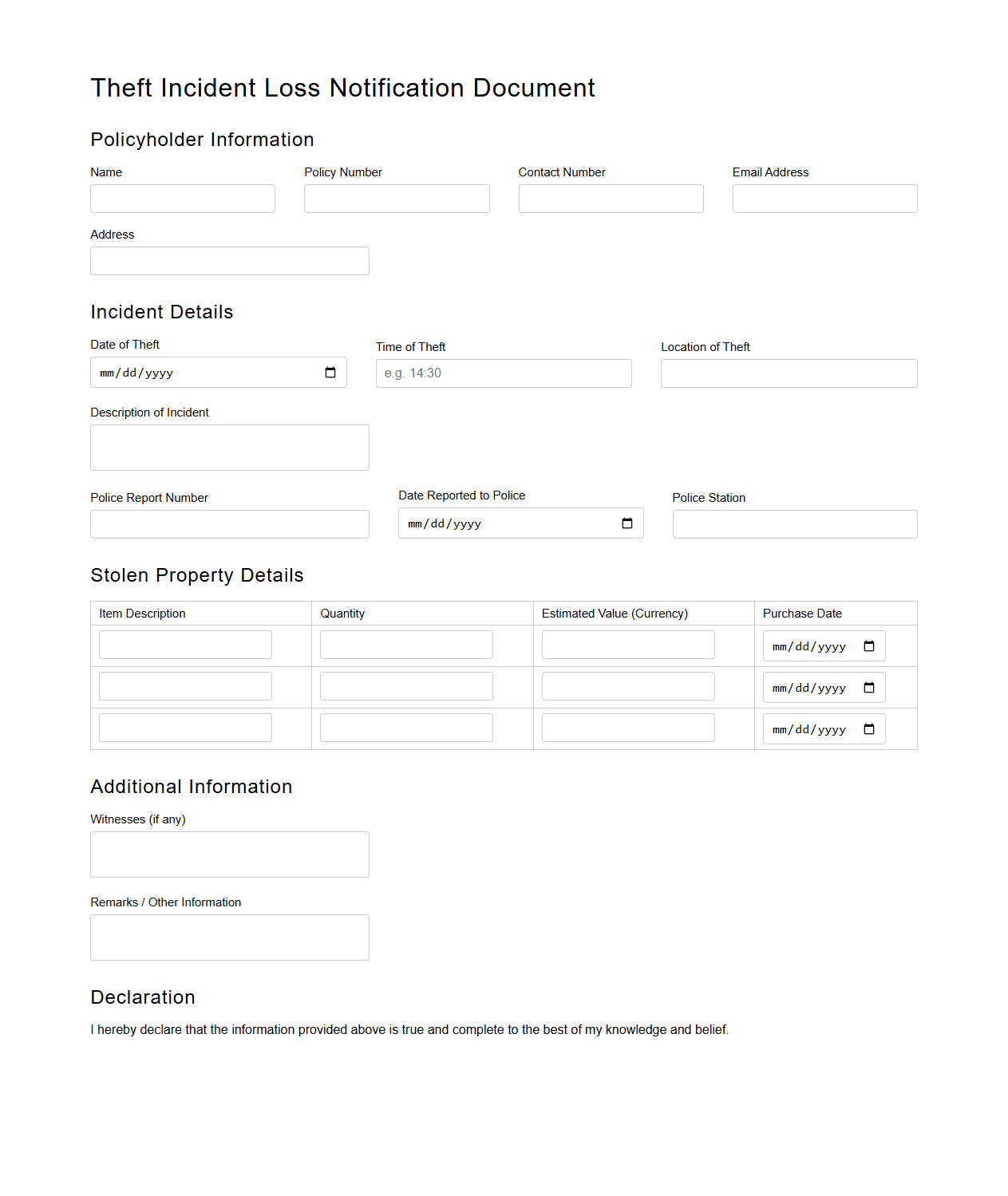 Theft Incident Loss Notification Document for Property Insurance
