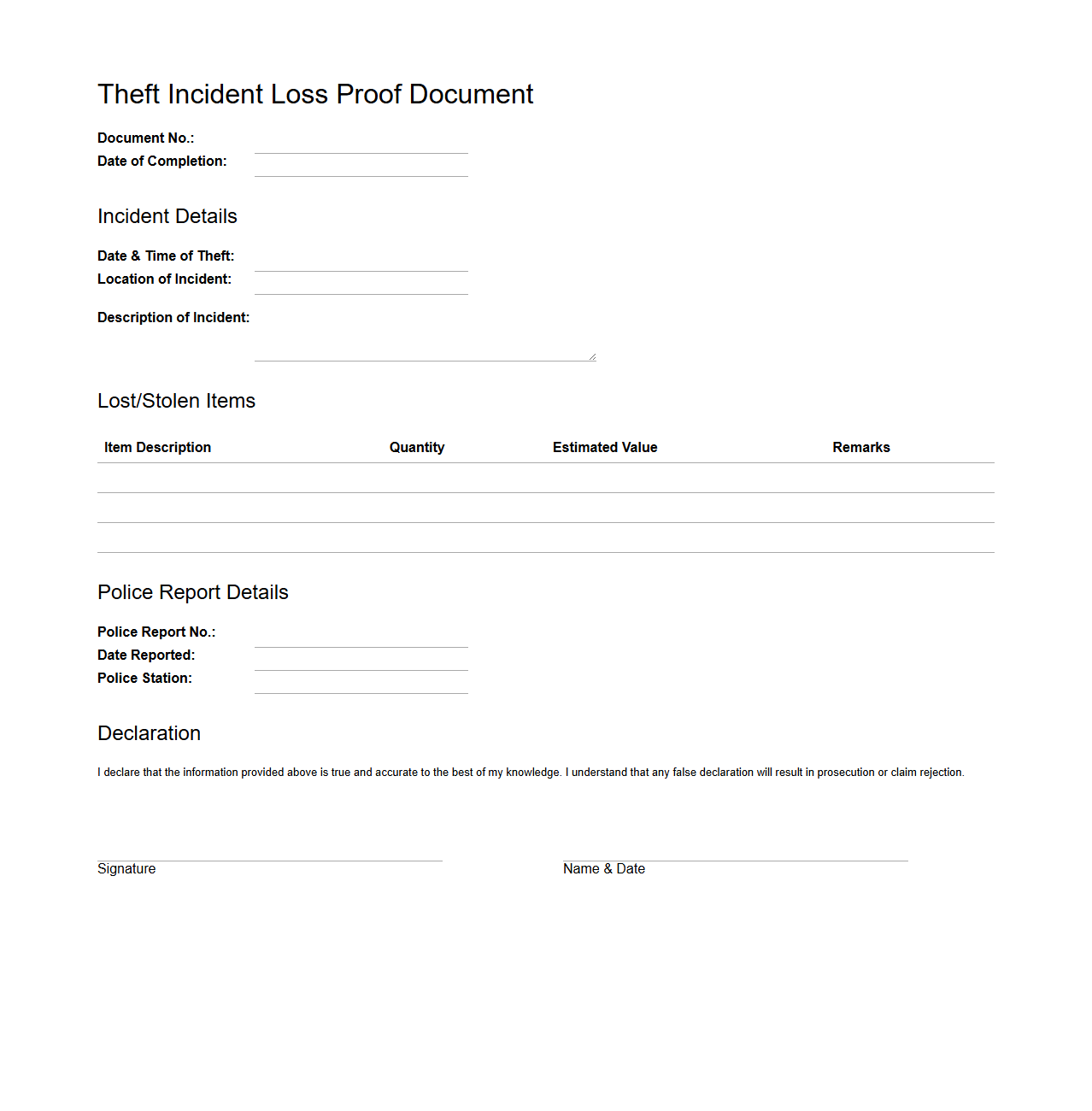 Theft Incident Loss Proof Document