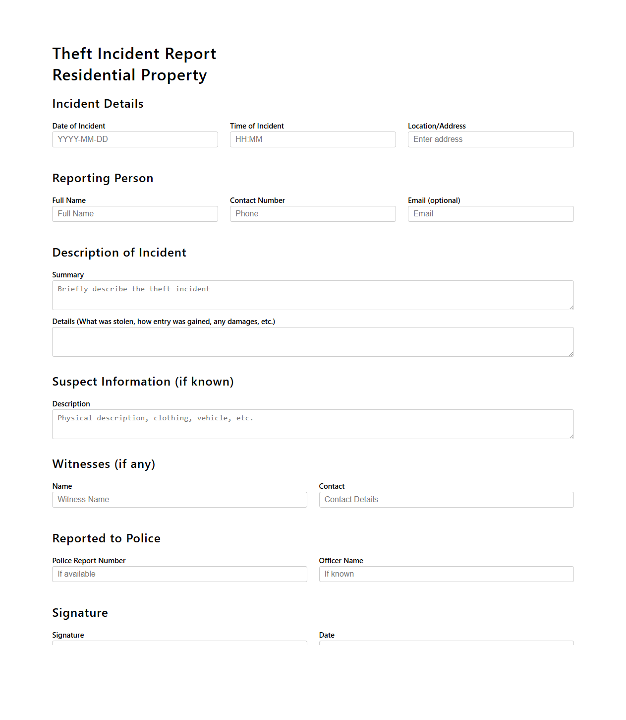 Theft Incident Report Sample for Residential Property