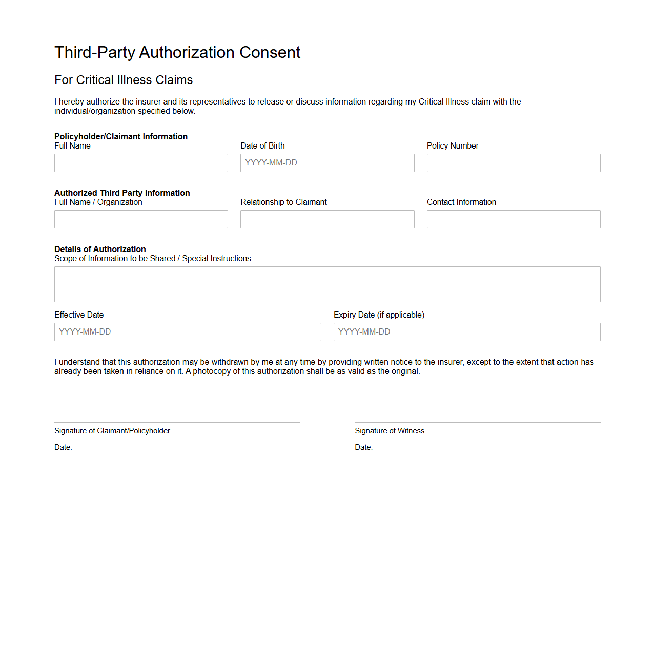 Third-Party Authorization Consent for Critical Illness Claims