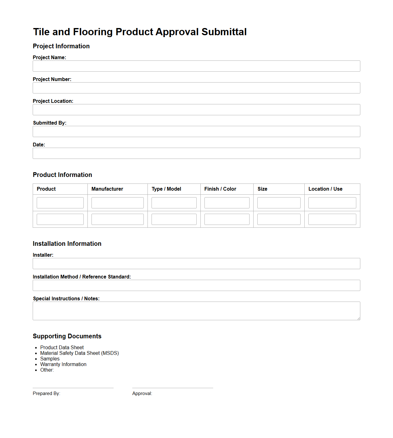 Tile and Flooring Product Approval Submittal Example