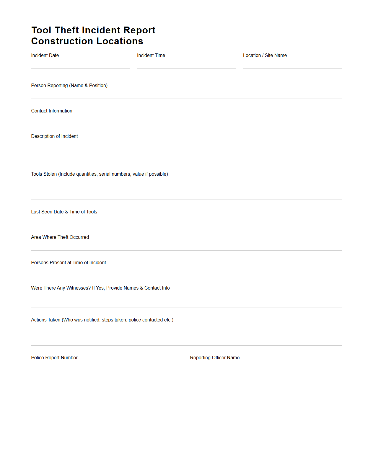 Tool Theft Incident Report for Construction Locations