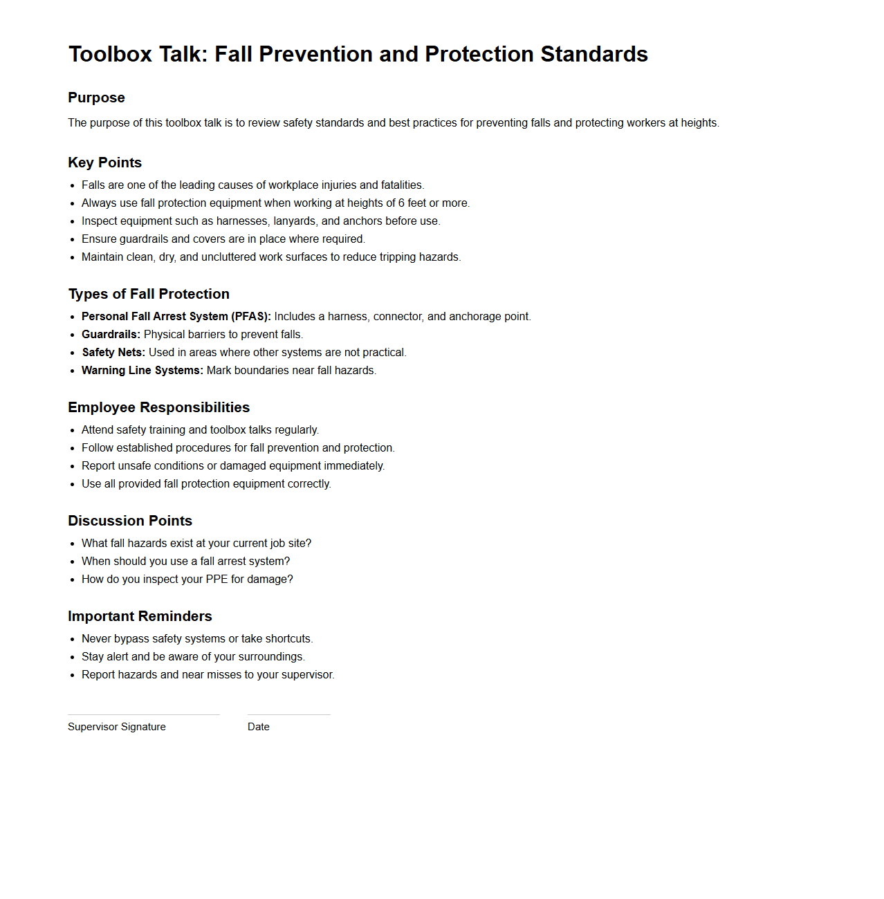Toolbox Talk: Fall Prevention and Protection Standards