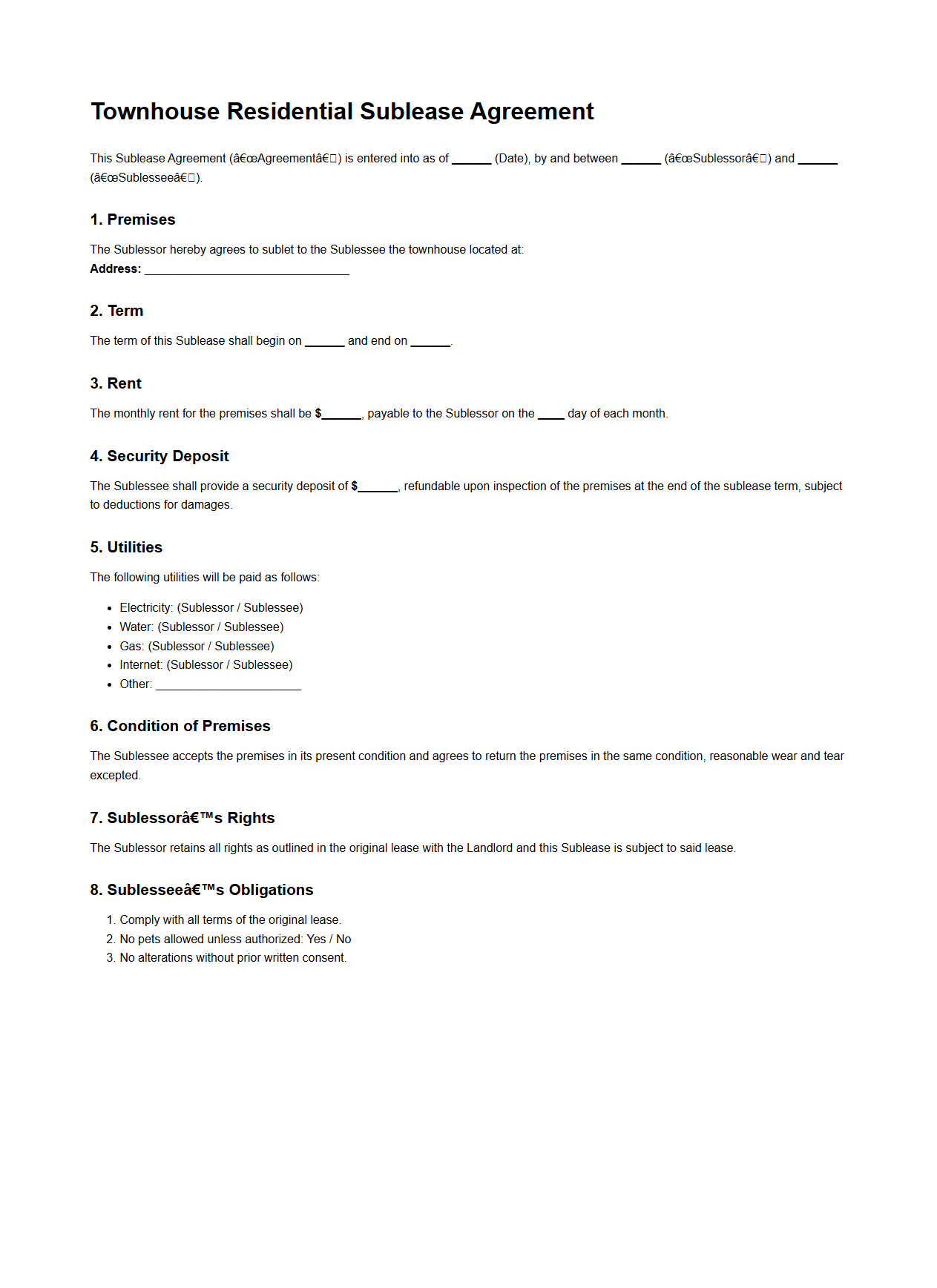 Townhouse Residential Subleasing Sample