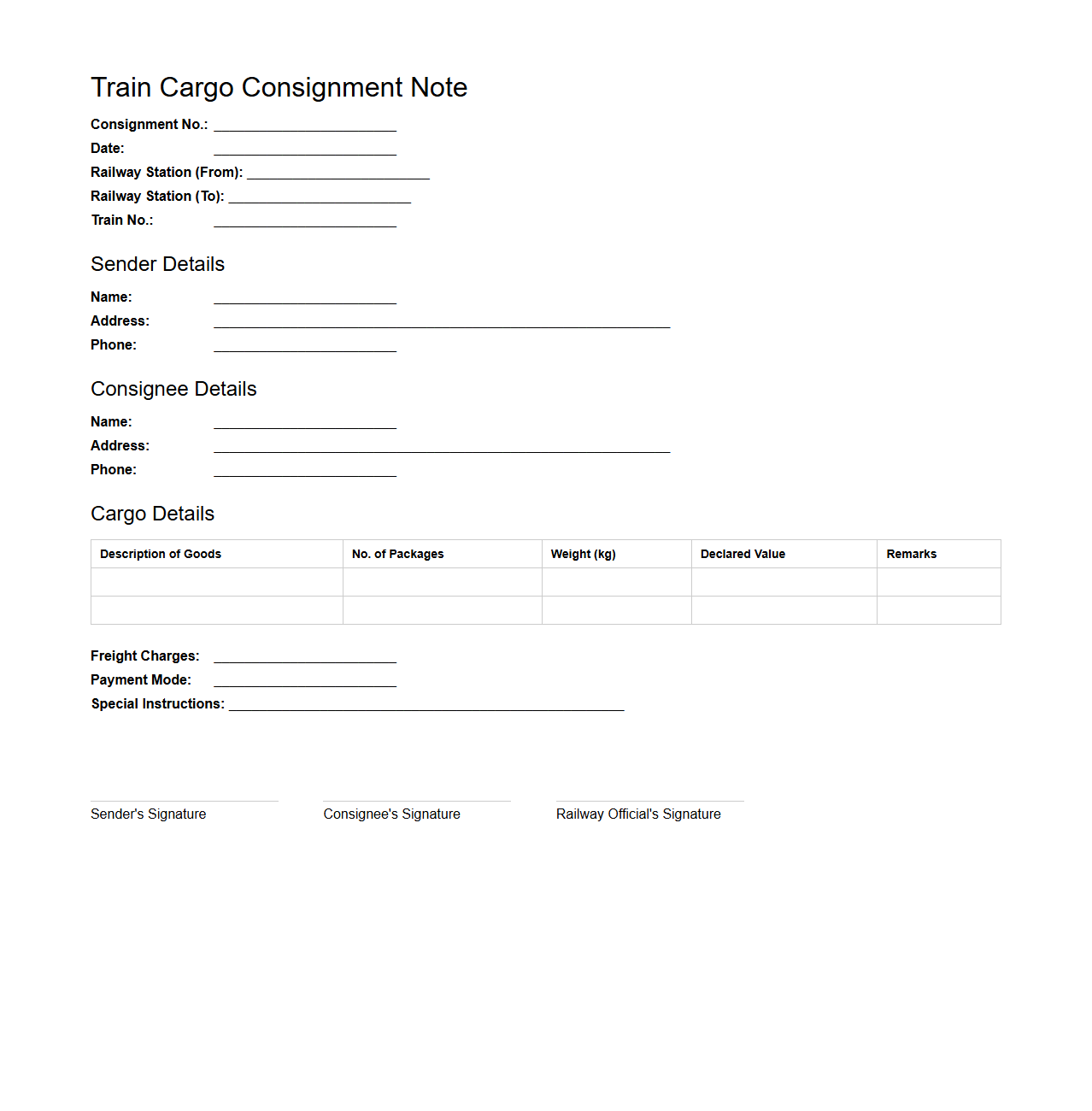 Train Cargo Consignment Note Sample
