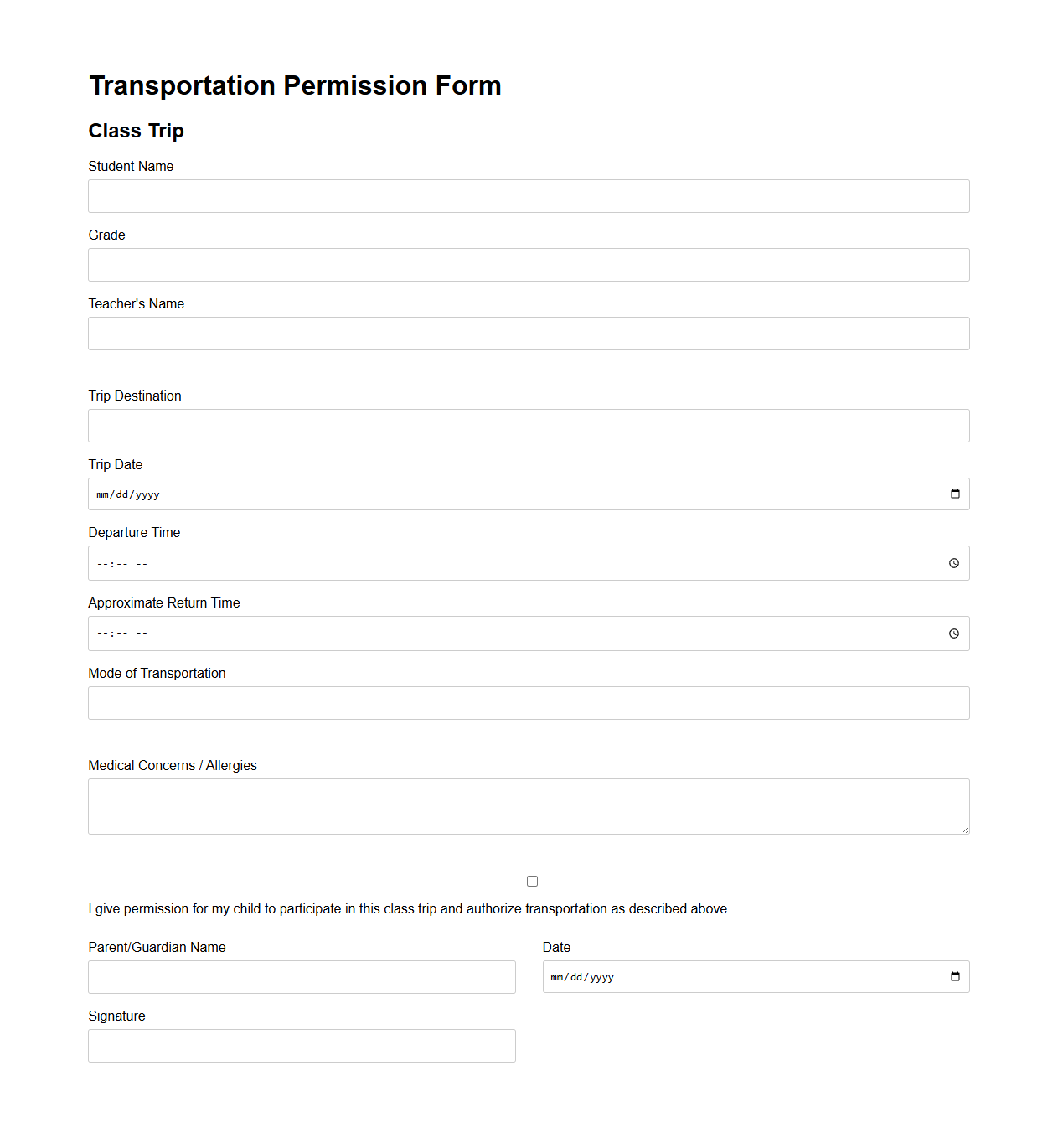 Transportation Permission Form for Class Trips