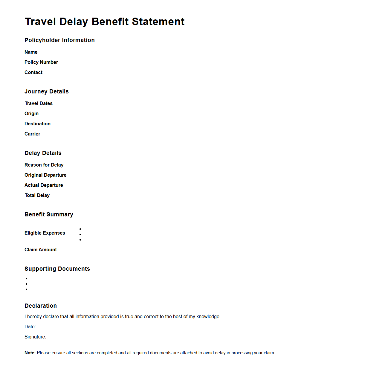 Travel Delay Benefit Statement Structure