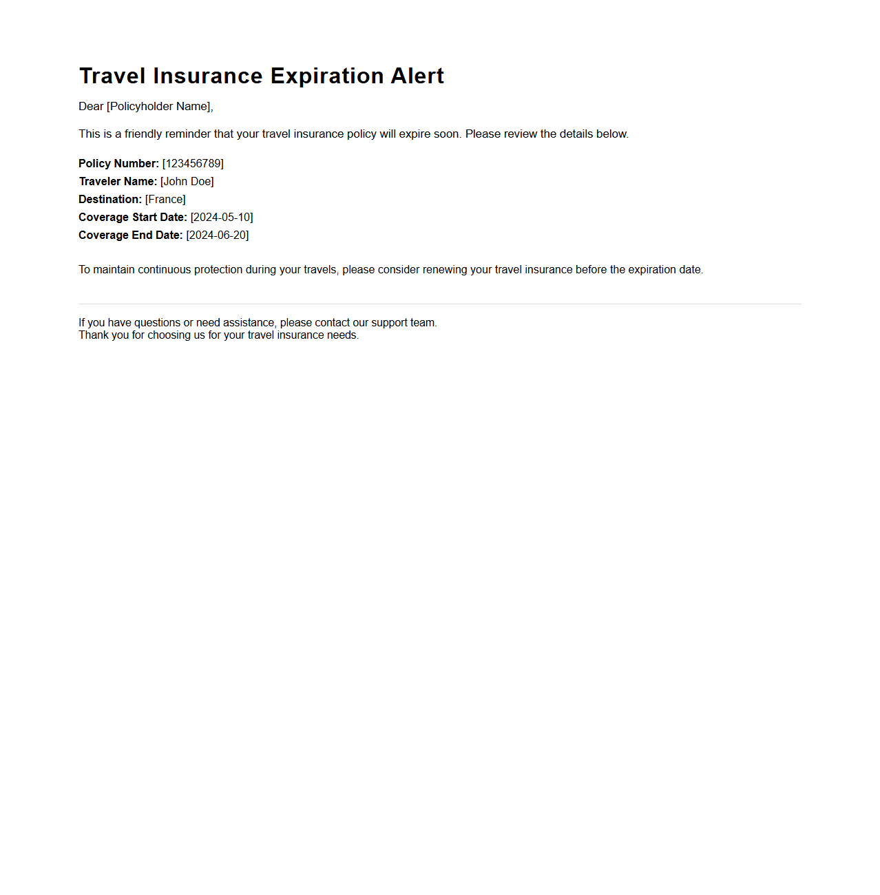 Travel Insurance Expiration Alert Sample