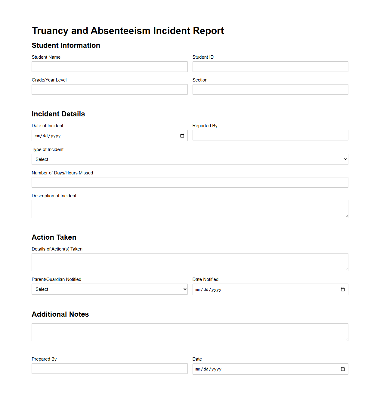 Truancy and Absenteeism Incident Report