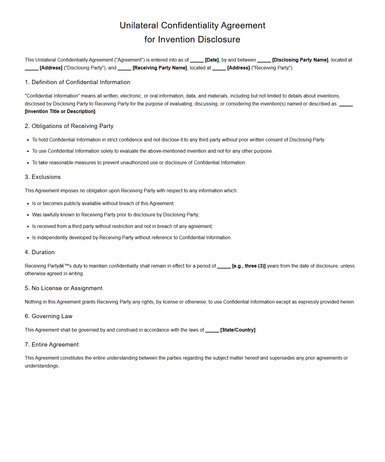 Unilateral Confidentiality Agreement for Invention Disclosure