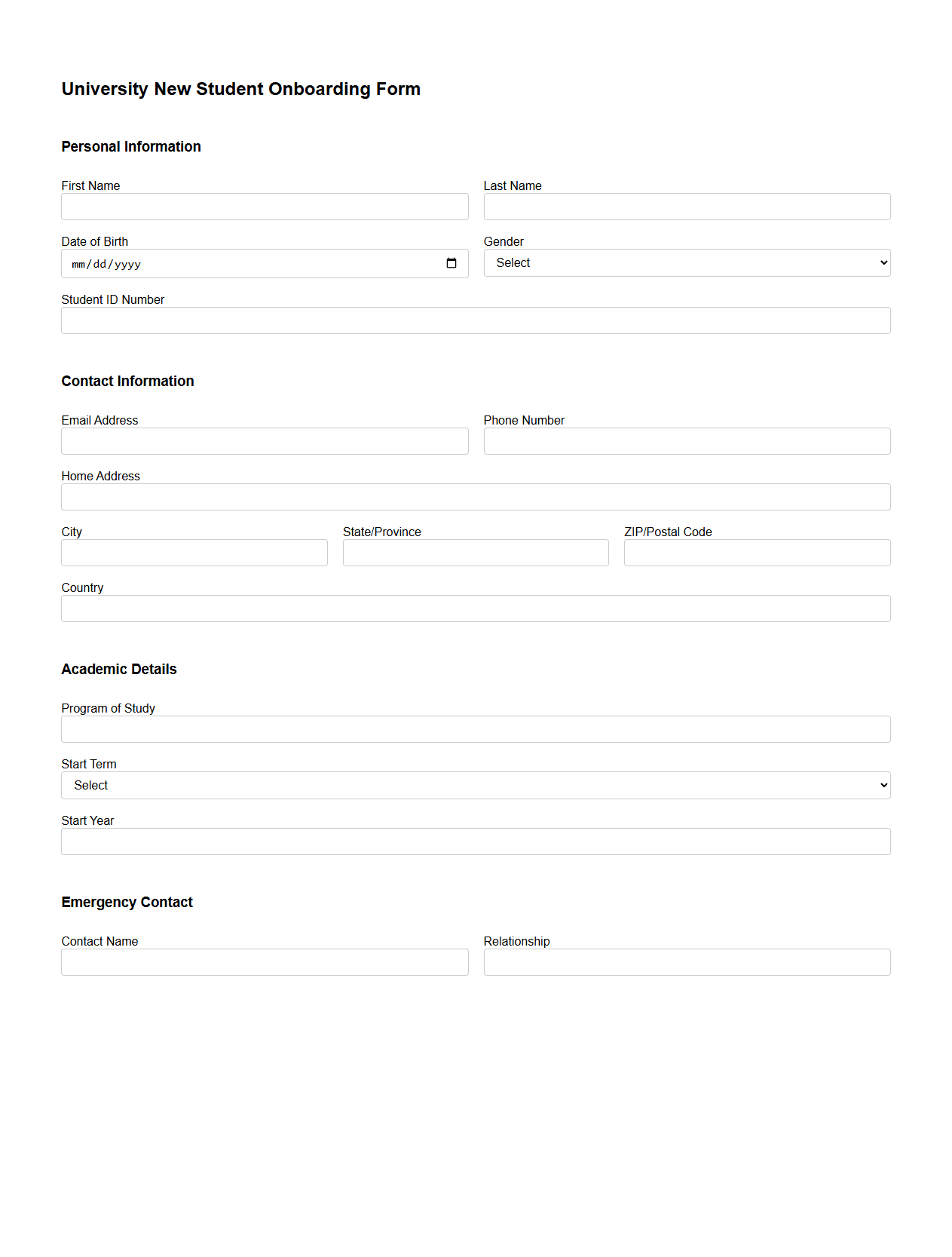 University New Student Onboarding Form