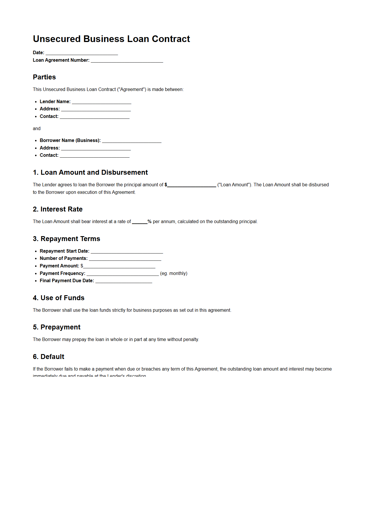 Unsecured Business Loan Contract Sample