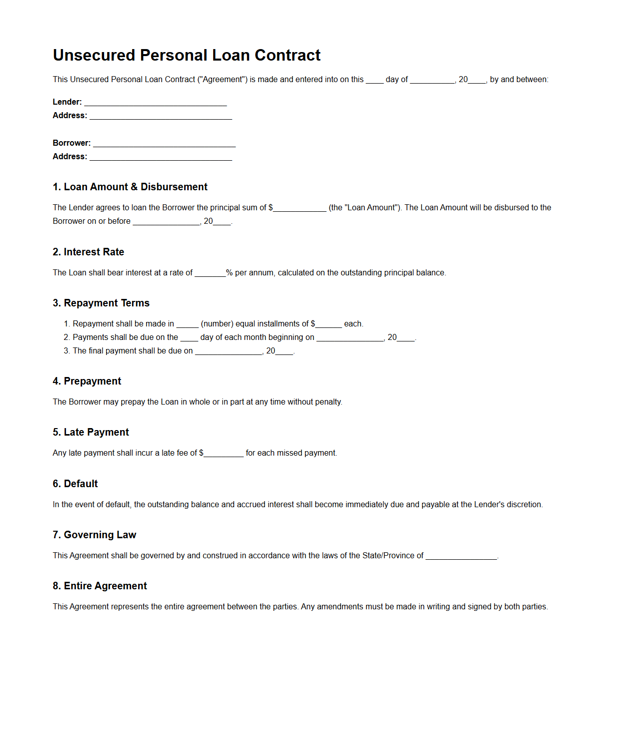 Unsecured Personal Loan Contract Template