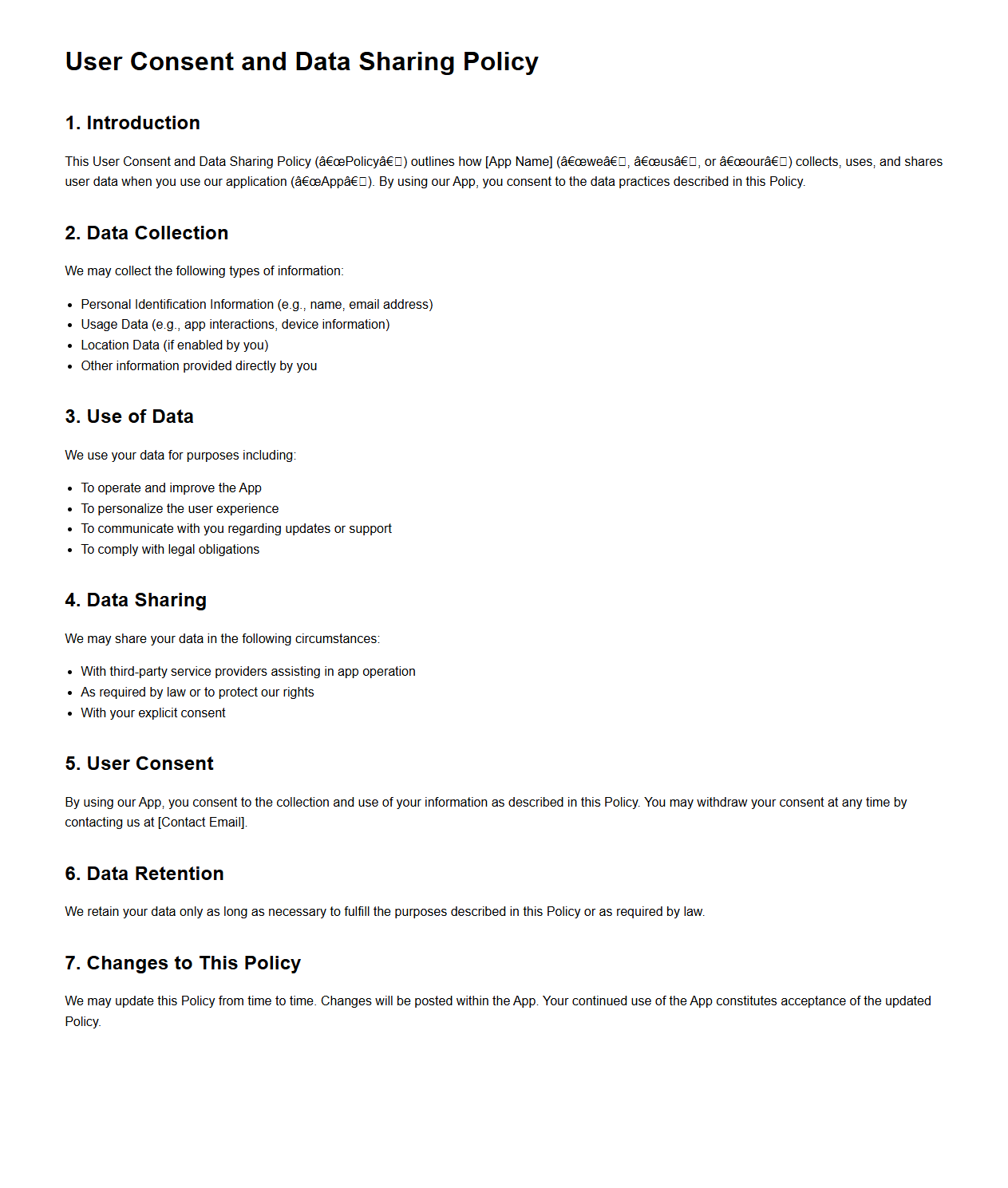 User Consent and Data Sharing Policy Template for Apps