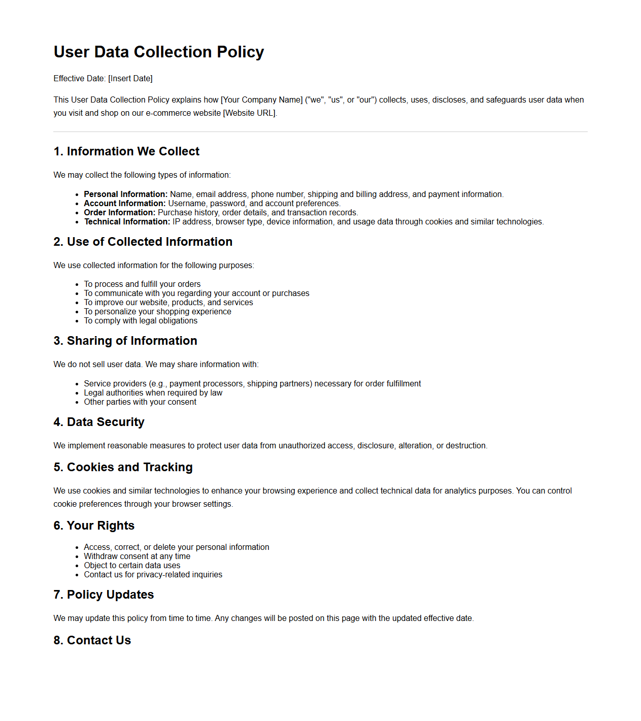 User Data Collection Policy Template for E-commerce Websites