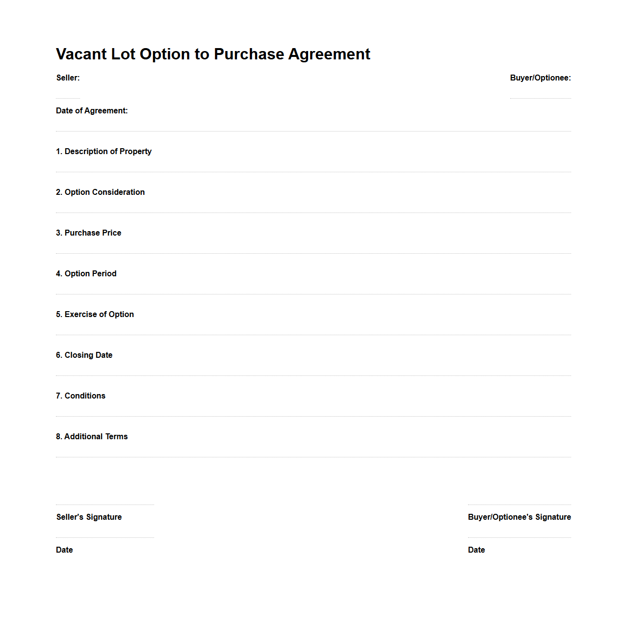 Vacant Lot Option to Purchase Agreement Sample