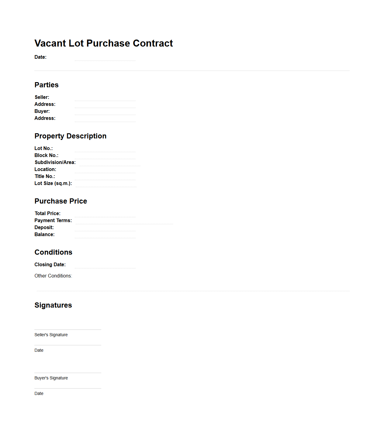 Vacant Lot Purchase Contract Format