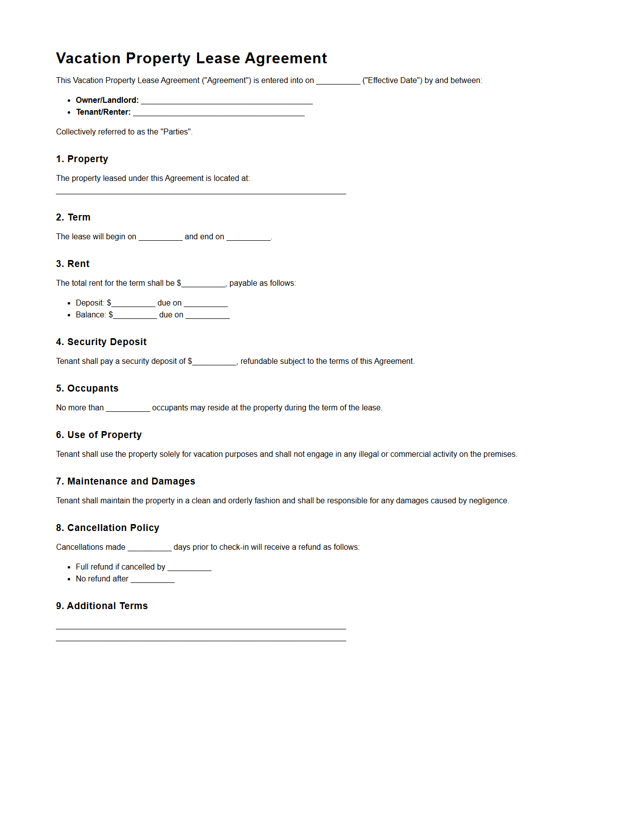 Vacation Property Lease Agreement Sample