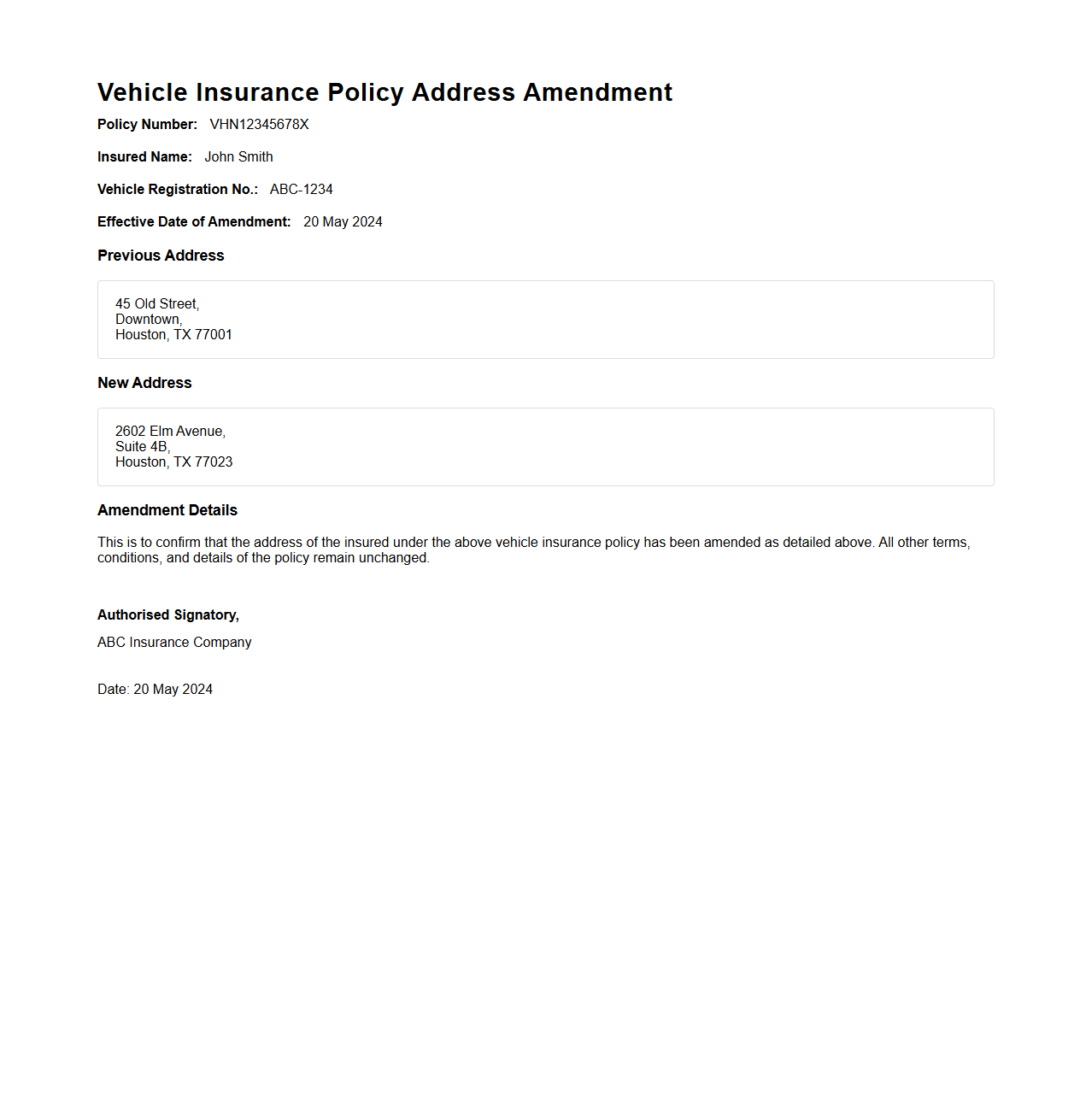 Vehicle Insurance Policy Address Amendment Sample