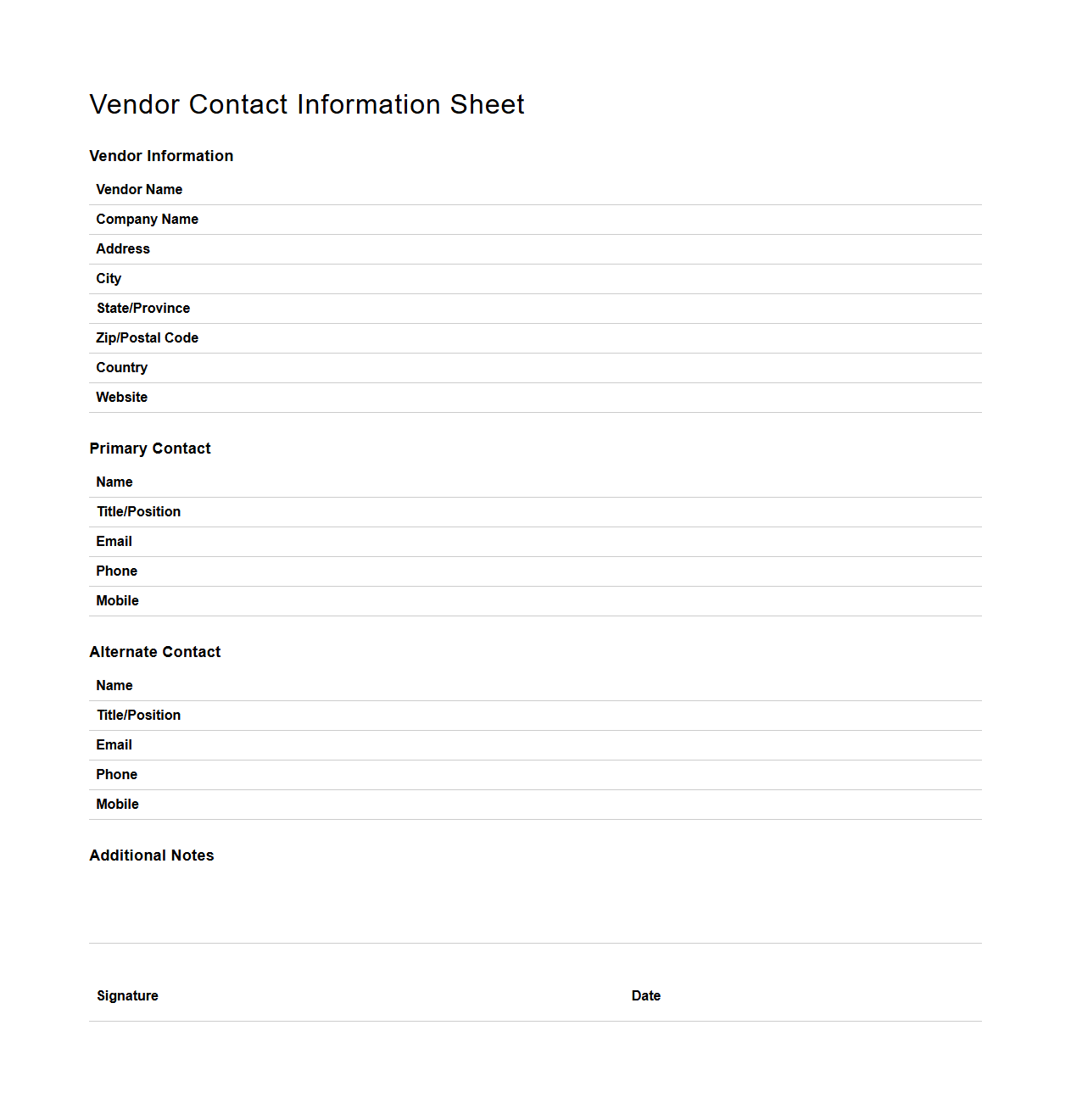 Vendor Contact Information Sheet