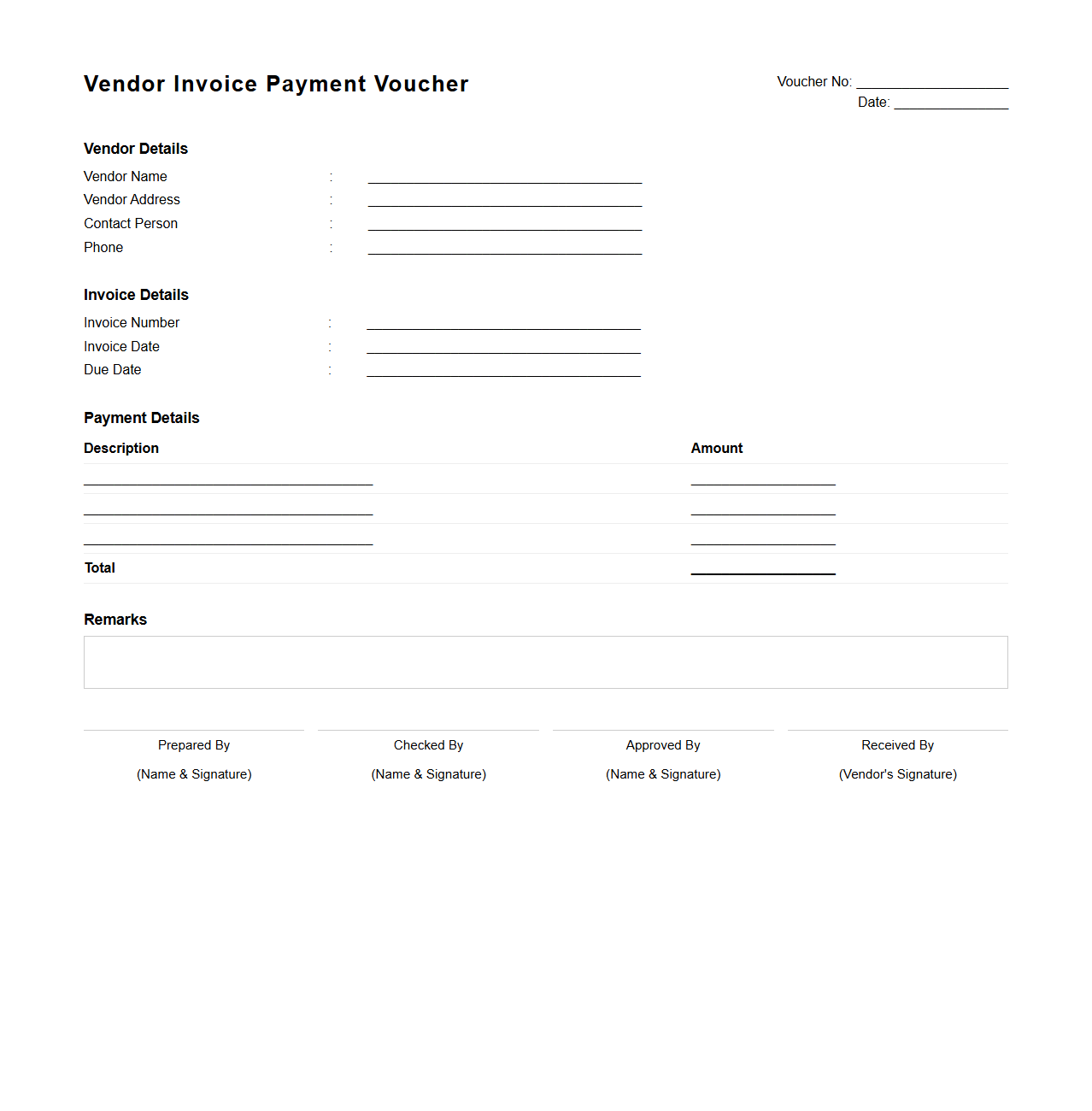 Vendor Invoice Payment Voucher Sample