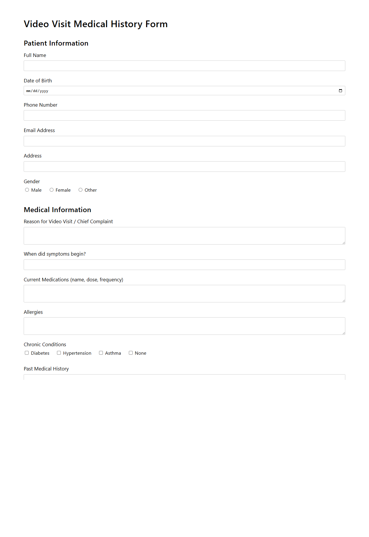 Video Visit Medical History Form Sample