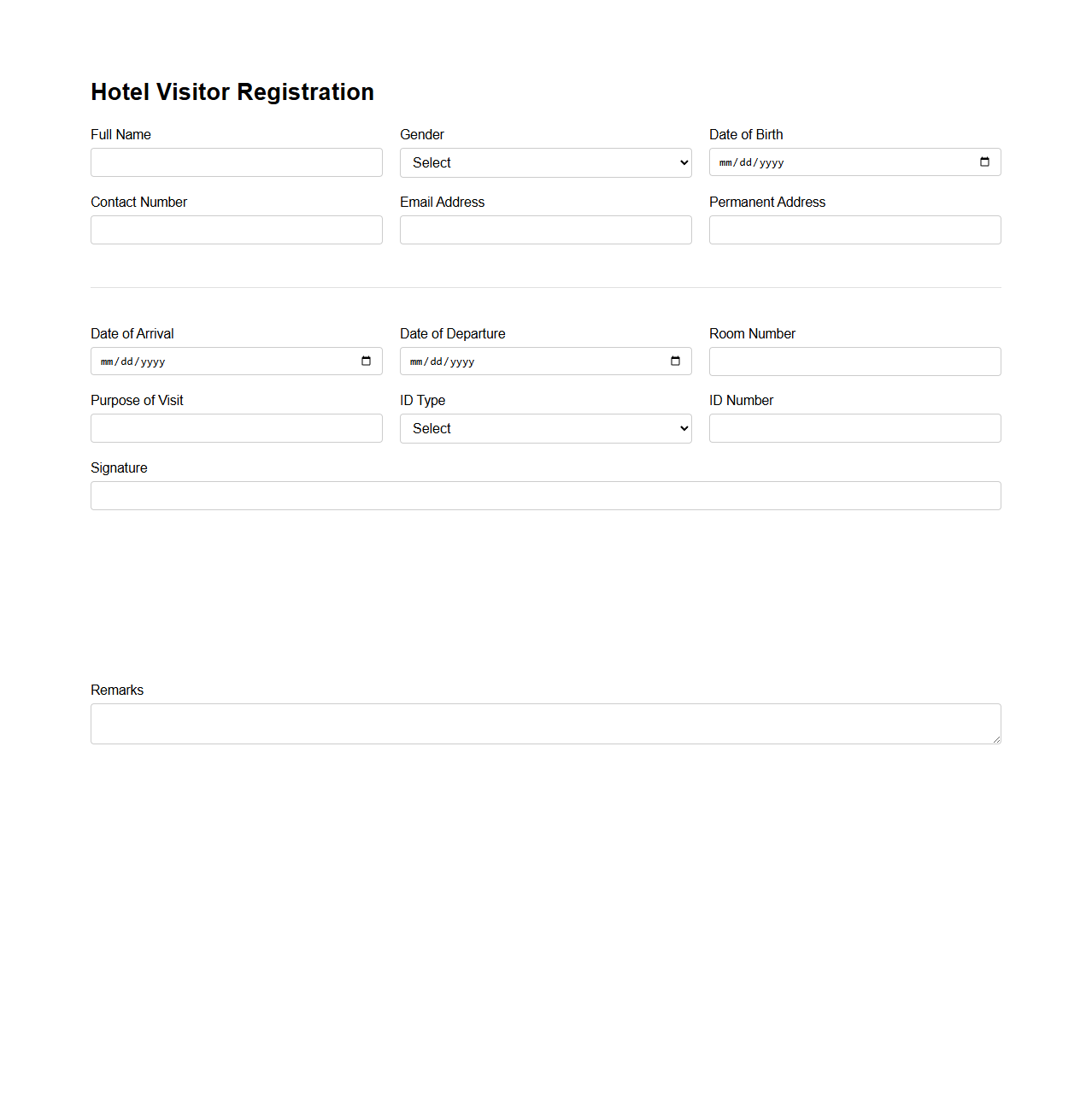 Visitor Registration Template for Hotel Desk