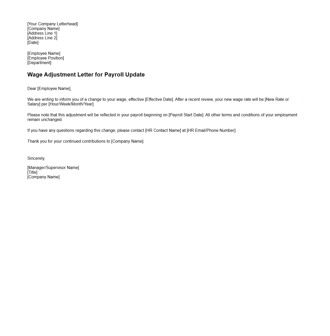 Wage Adjustment Letter for Payroll Update