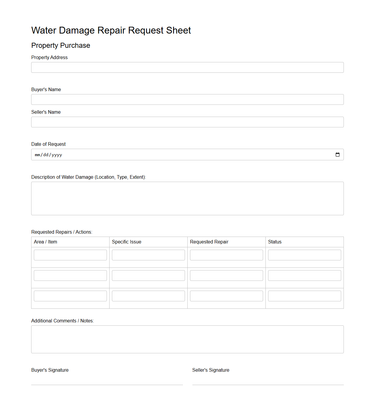 Water Damage Repair Request Sheet for Property Purchases