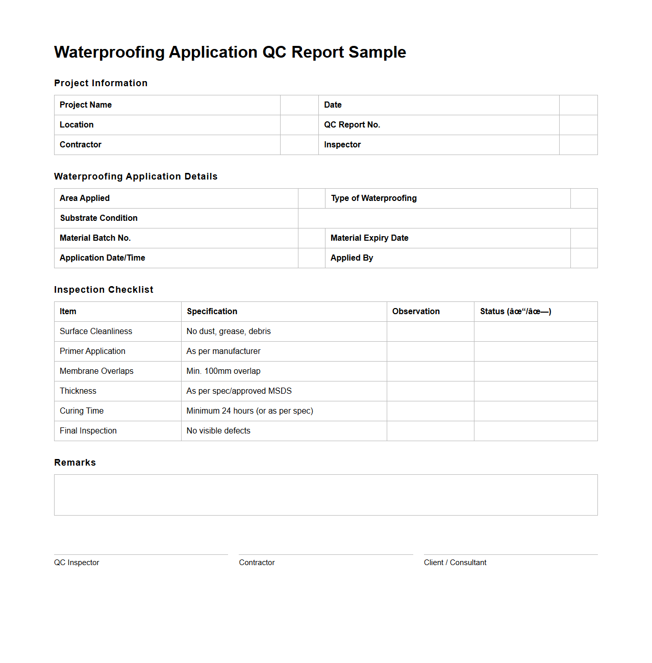 Waterproofing Application QC Report Sample