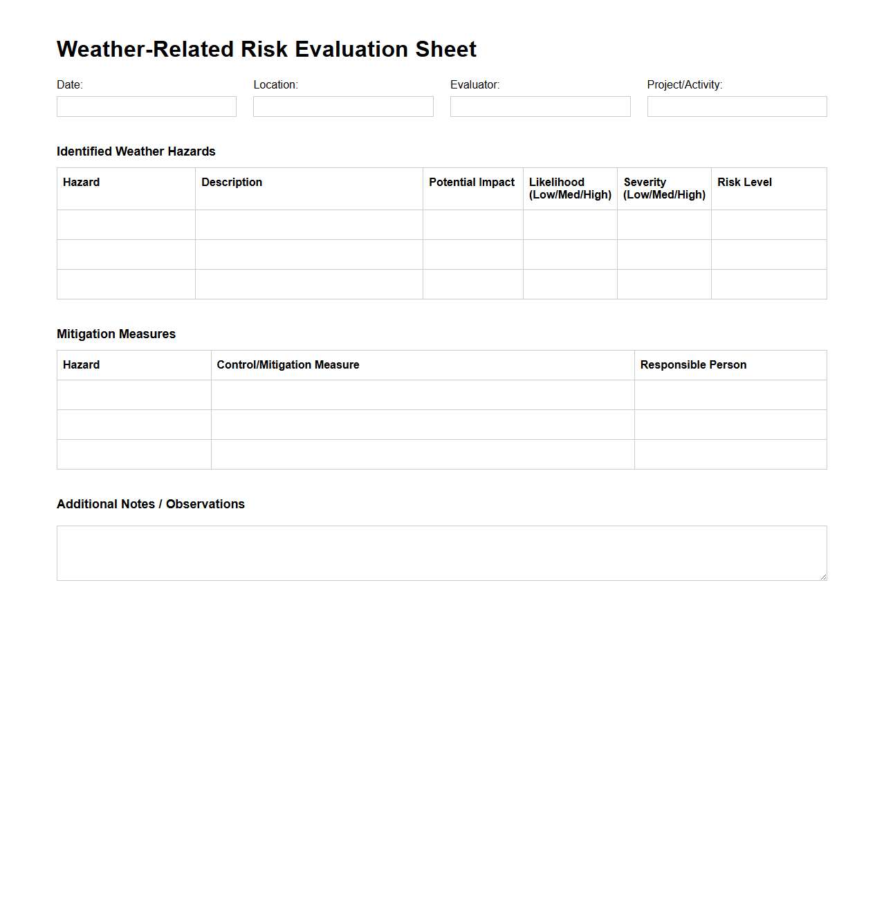 Weather-Related Risk Evaluation Sheet