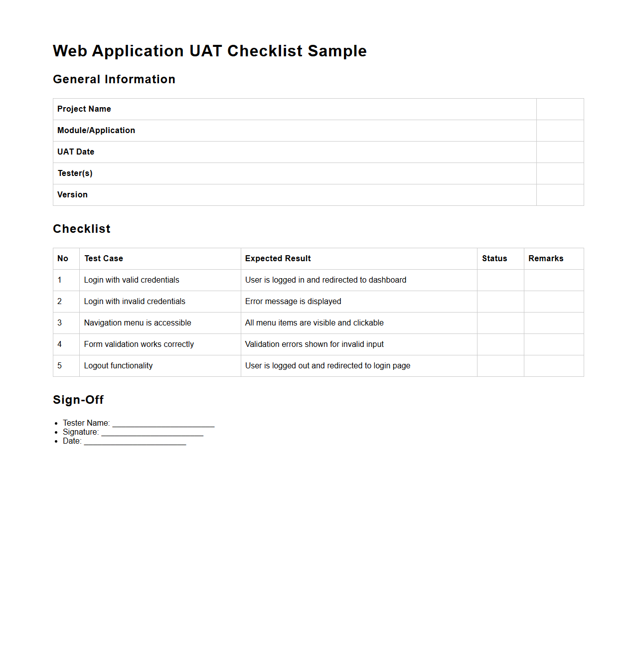 Web Application UAT Checklist Sample