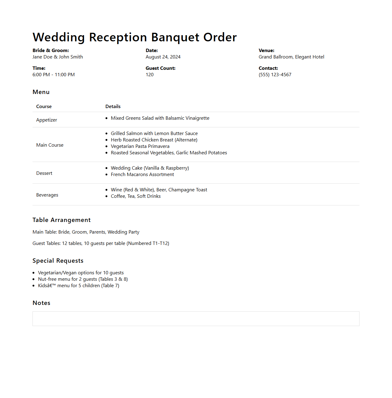 Wedding Reception Banquet Order Example