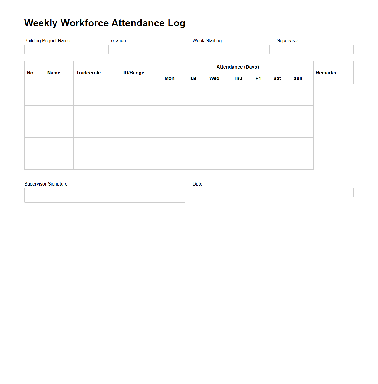 Weekly Workforce Attendance Log for Building Project